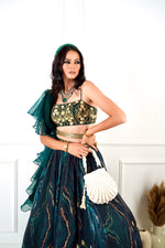 Load image into Gallery viewer, MEESHA Green Marble Print Lehenga
