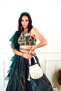 MEESHA Green Marble Print Lehenga