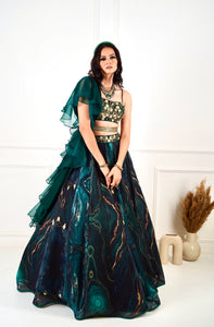 MEESHA Green Marble Print Lehenga