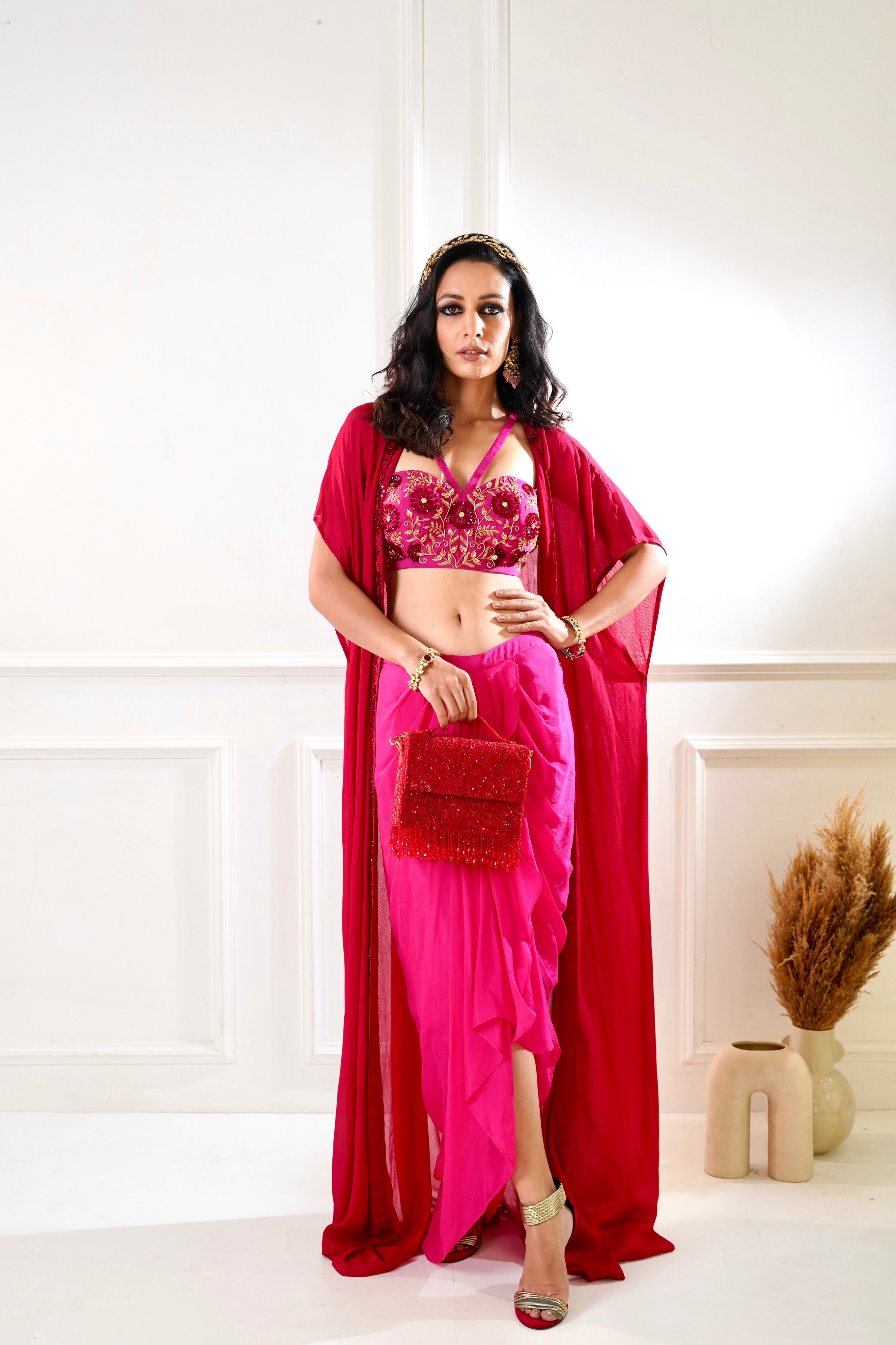 SHIRIN Maroon and pink Drape Skirt and Cape