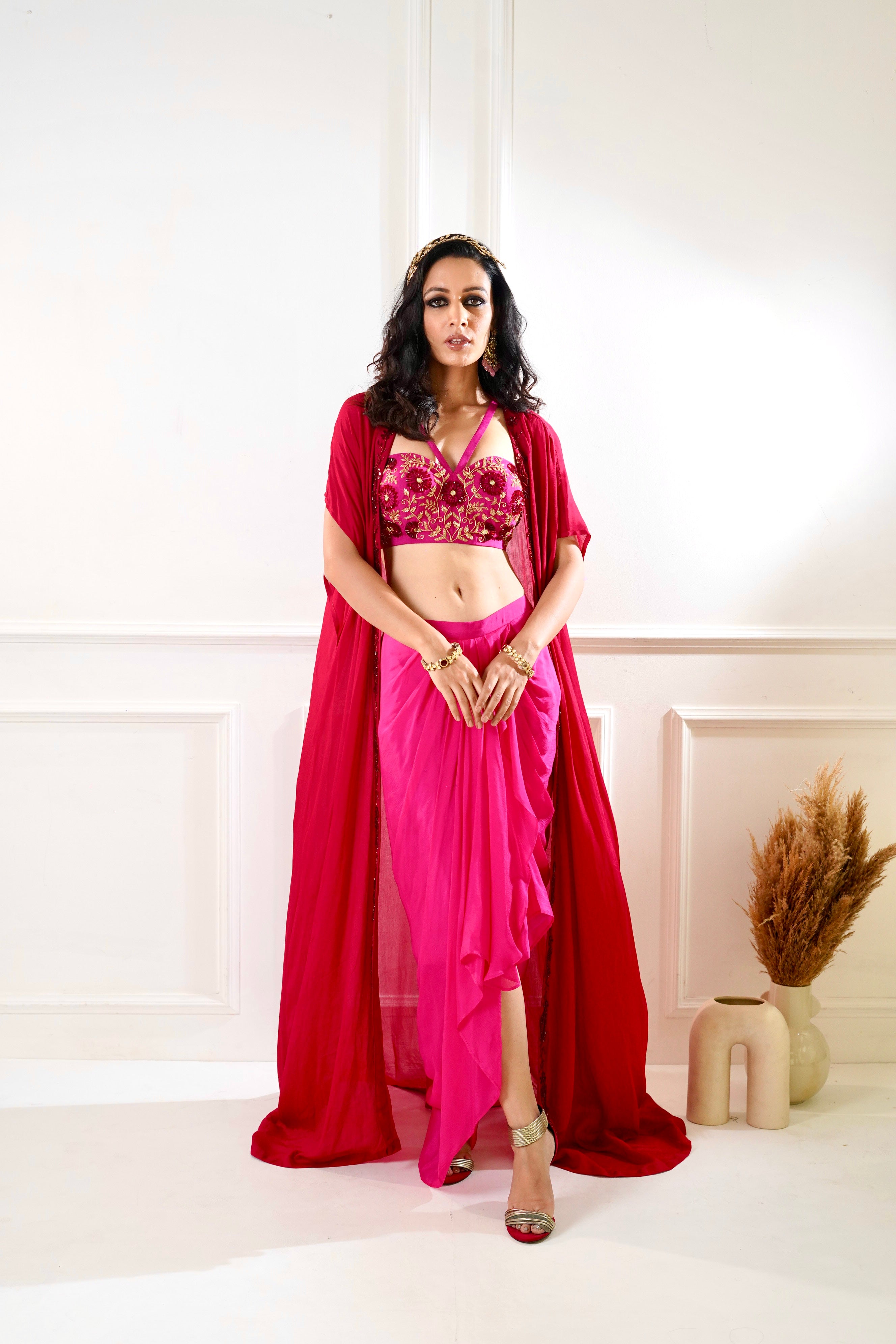 SHIRIN Maroon and pink Drape Skirt and Cape