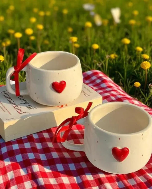 Red heart with polka dots ceramic cups for valentines or anniversary gifting to your loved ones.