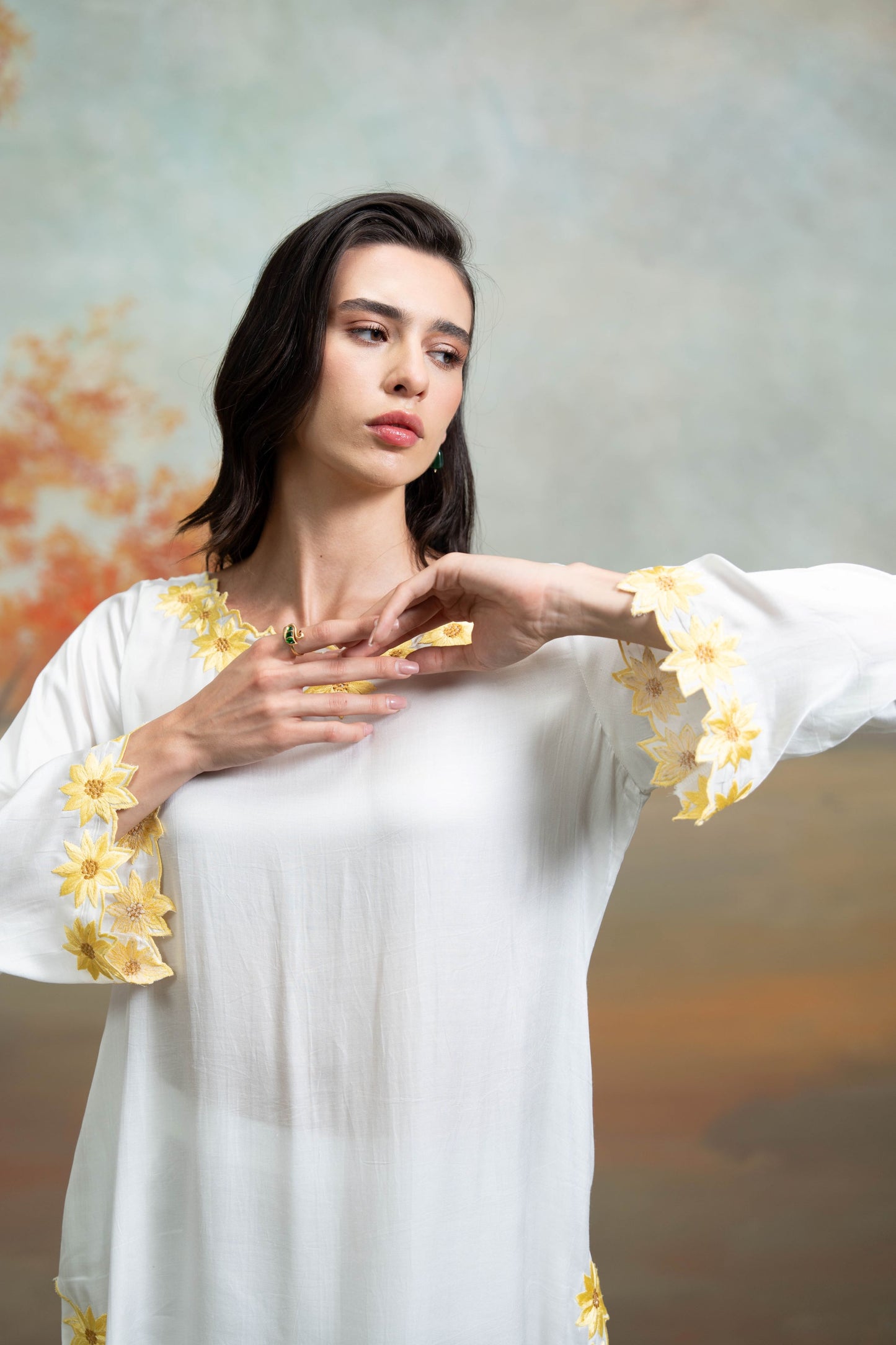 White & Yellow  Sunflower Embroidery Cotton Silk & Organza Kurta Set 3 Pcs