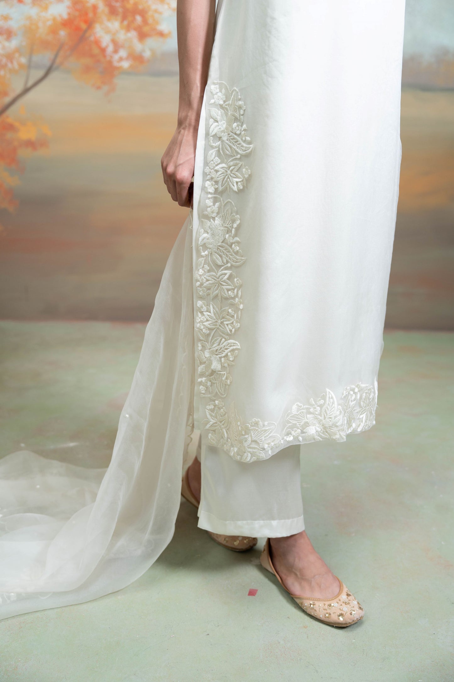 White Self Work Organza Kurta Set  3 Pcs