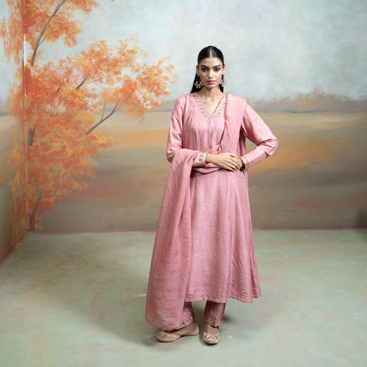Dull Rose Pink Zardozi Resham Work Silk Anarkali Set 3 Pcs