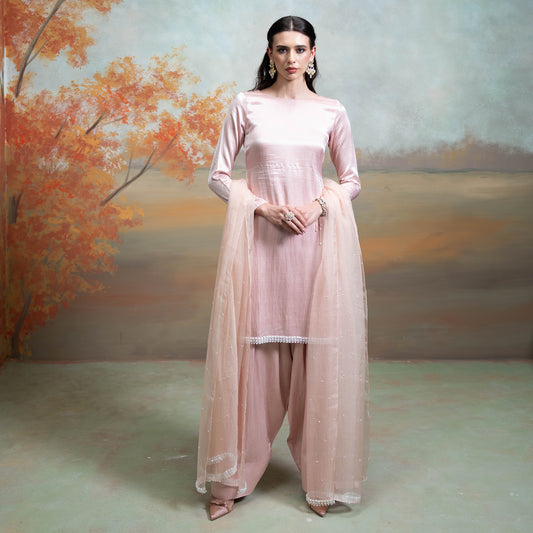 Light Pink Pearl Detailing Organza Kurta Set 3 Pcs