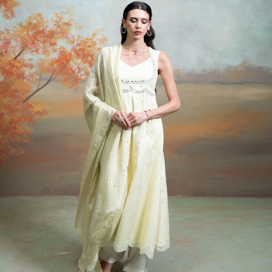 Butter Yellow Mirror Cutdana Pearl Work Raw Silk Anarkali Set 3 Pcs