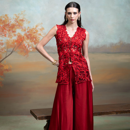 Maroon Sequin Cutdana Work Georgette Gharara Set 2 Pcs