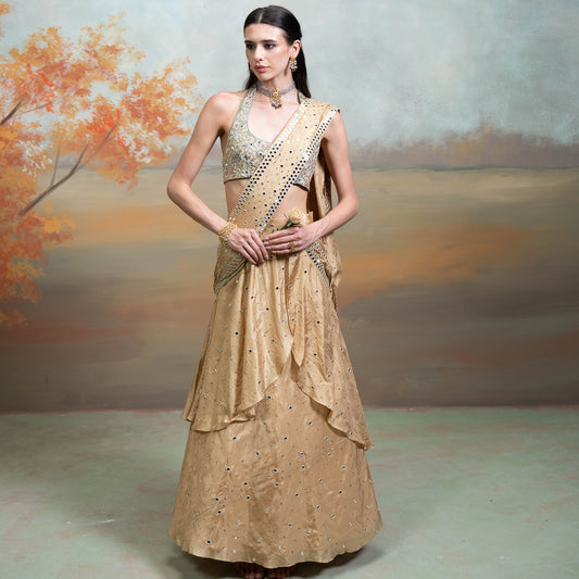 Golden & Green Heavy Zardozi Mirror Work Silk Pre Draped Lehenga Set 2 Pcs