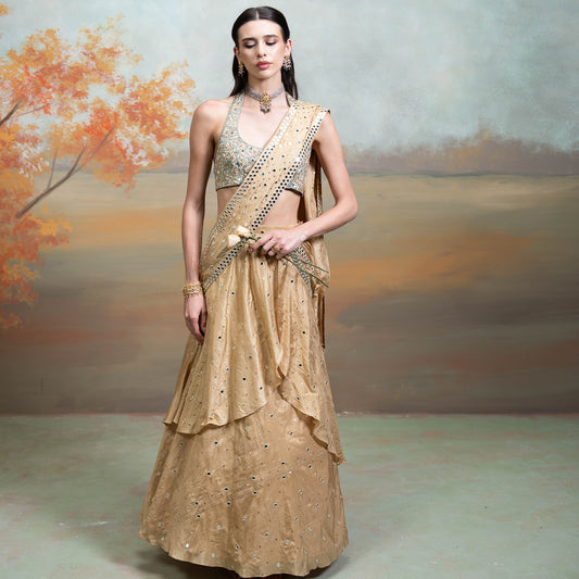 Golden & Green Heavy Zardozi Mirror Work Silk Pre Draped Lehenga Set 2 Pcs