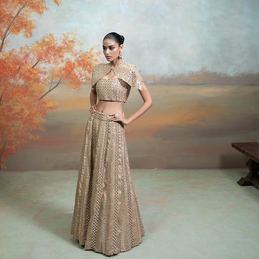 Golden Zardozi Mirror Cutdana Work Raw Silk Lehenga With Cape Jacket Set 3 Pcs