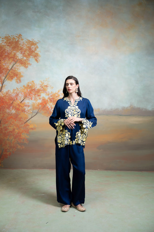 Dark Blue Embroidery Cotton Silk Kurta Set 2 Pcs