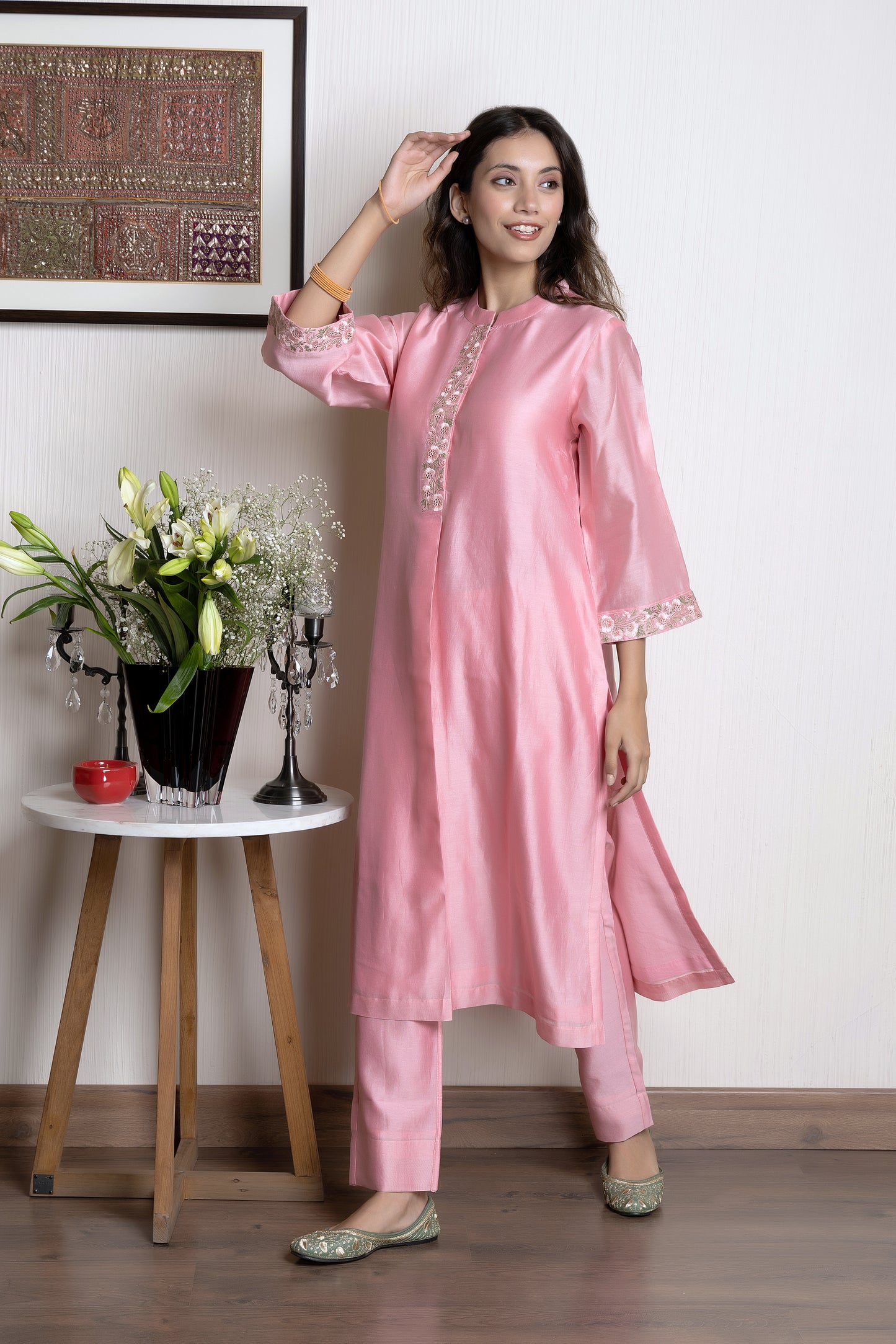 Pink chanderi collared embroidered kurta paired with Chanderi pants