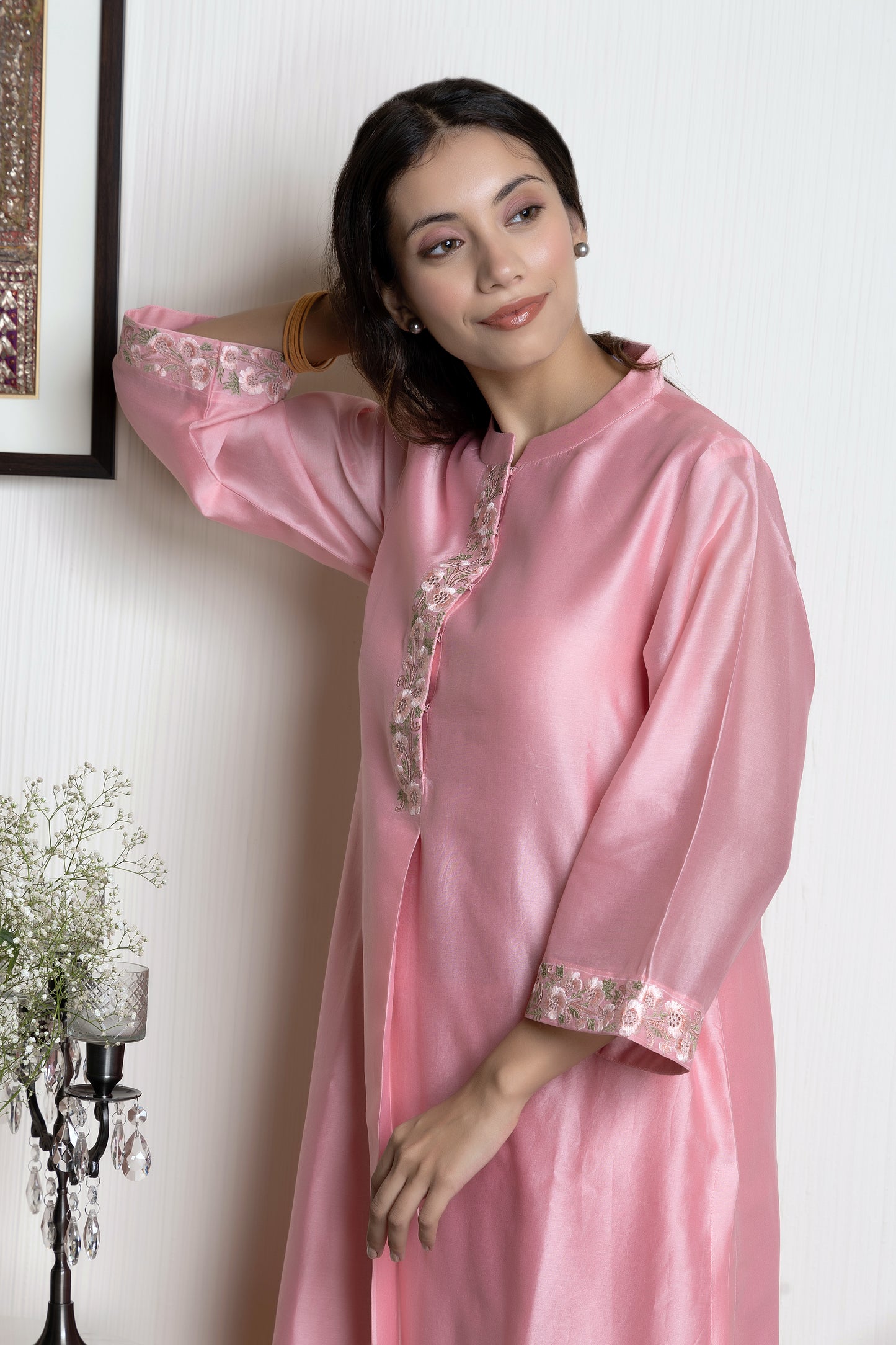 Pink chanderi collared embroidered kurta paired with Chanderi pants