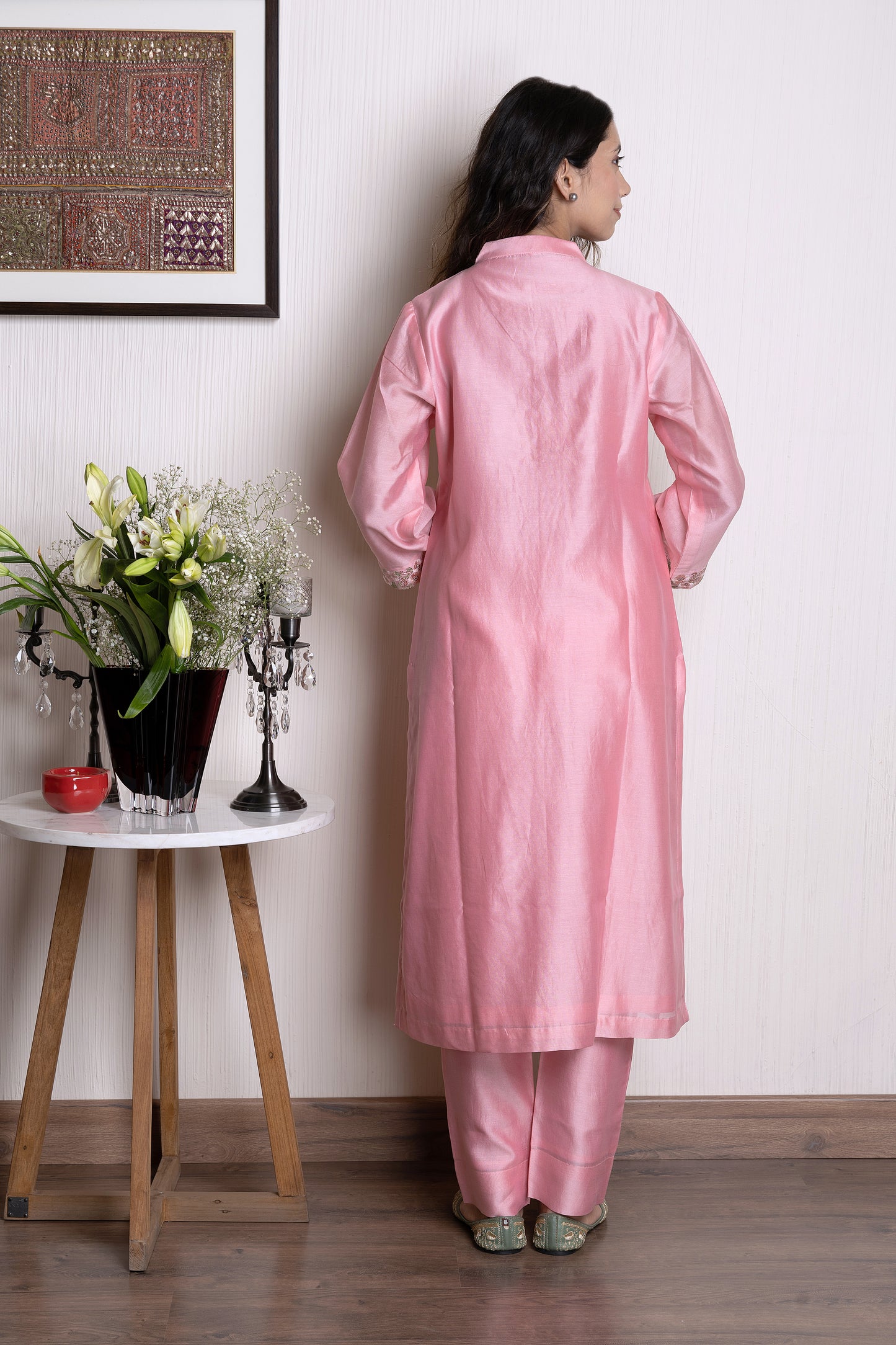 Pink chanderi collared embroidered kurta paired with Chanderi pants