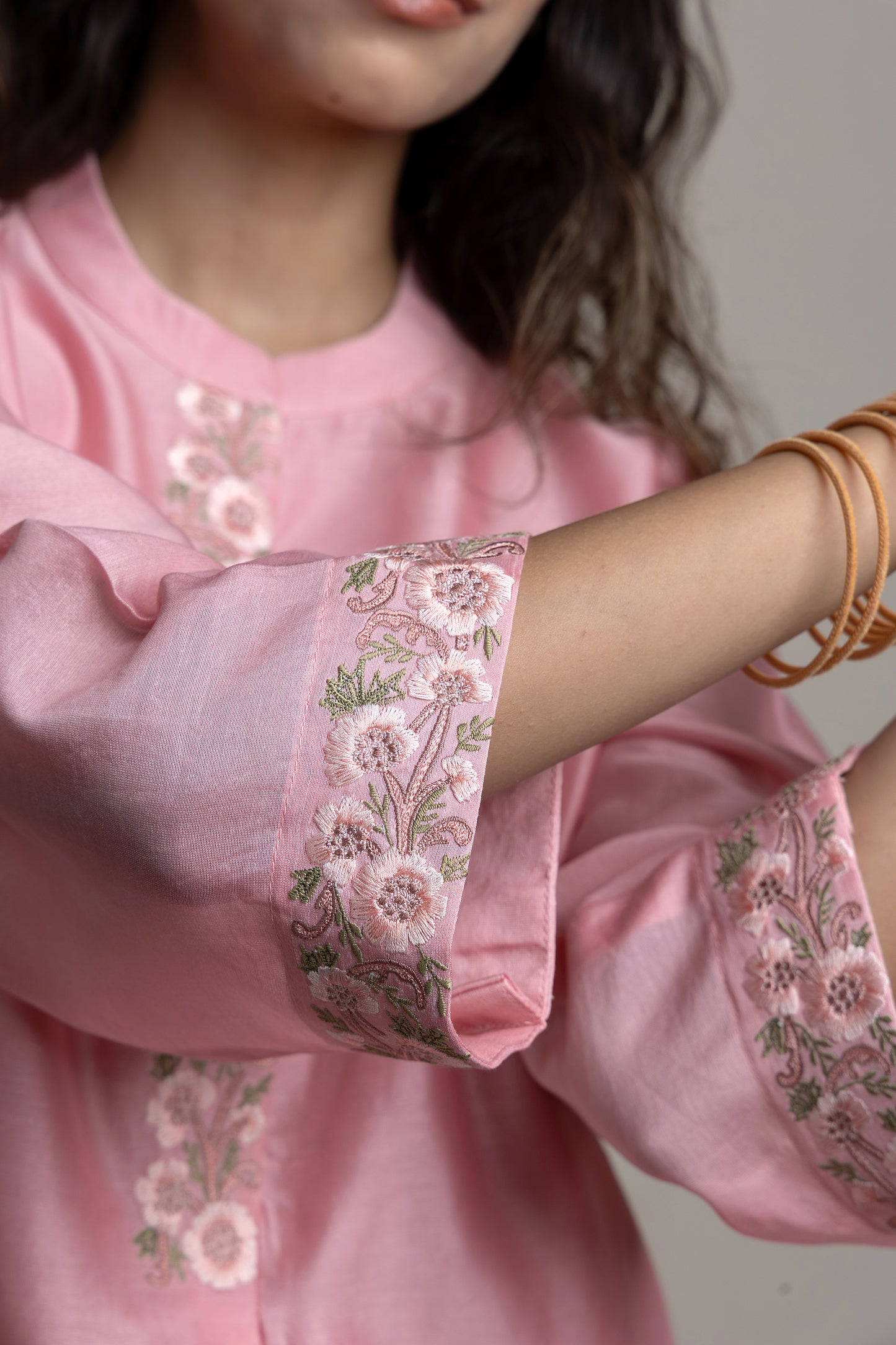 Pink chanderi collared embroidered kurta paired with Chanderi pants