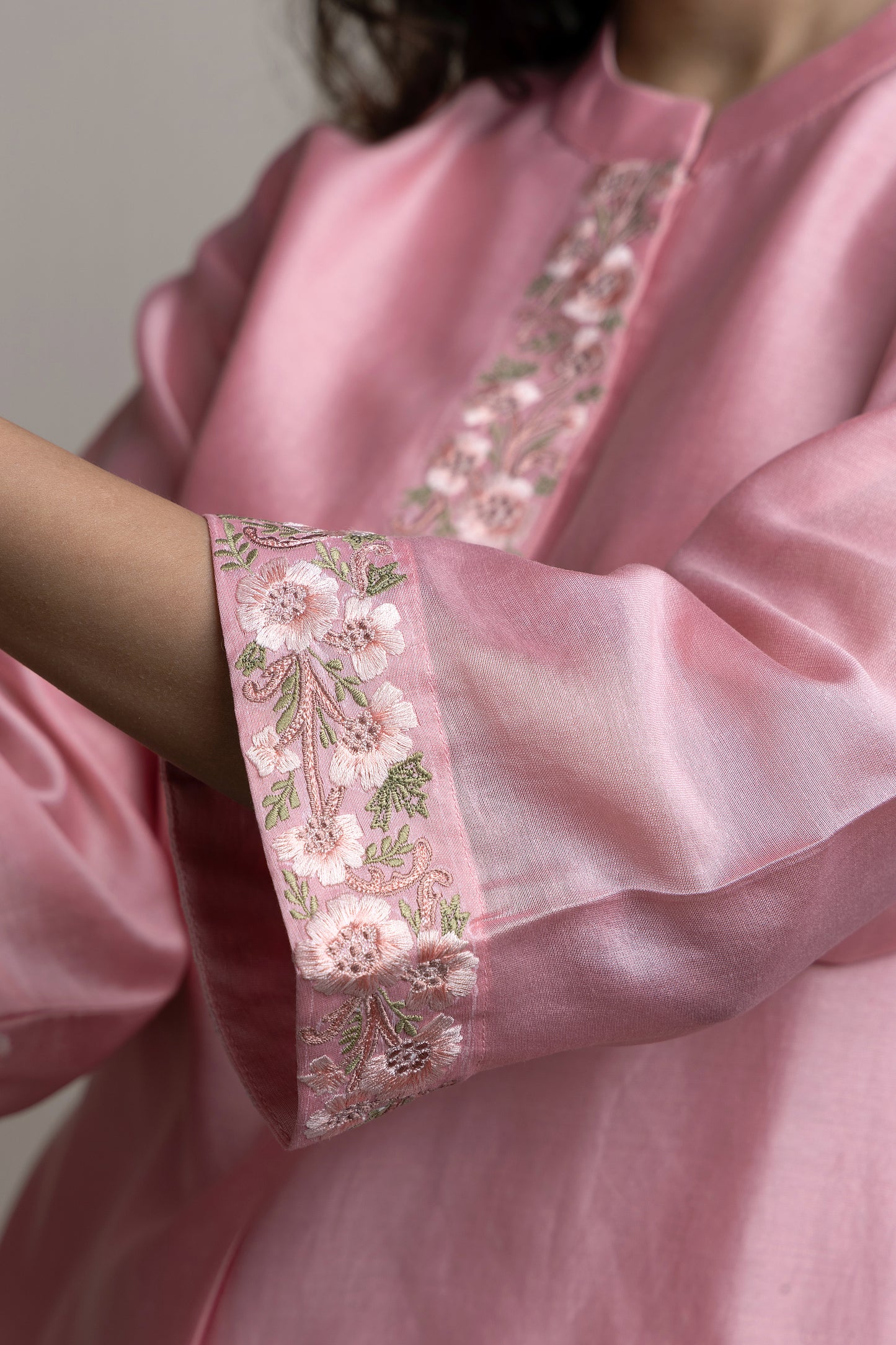 Pink chanderi collared embroidered kurta paired with Chanderi pants