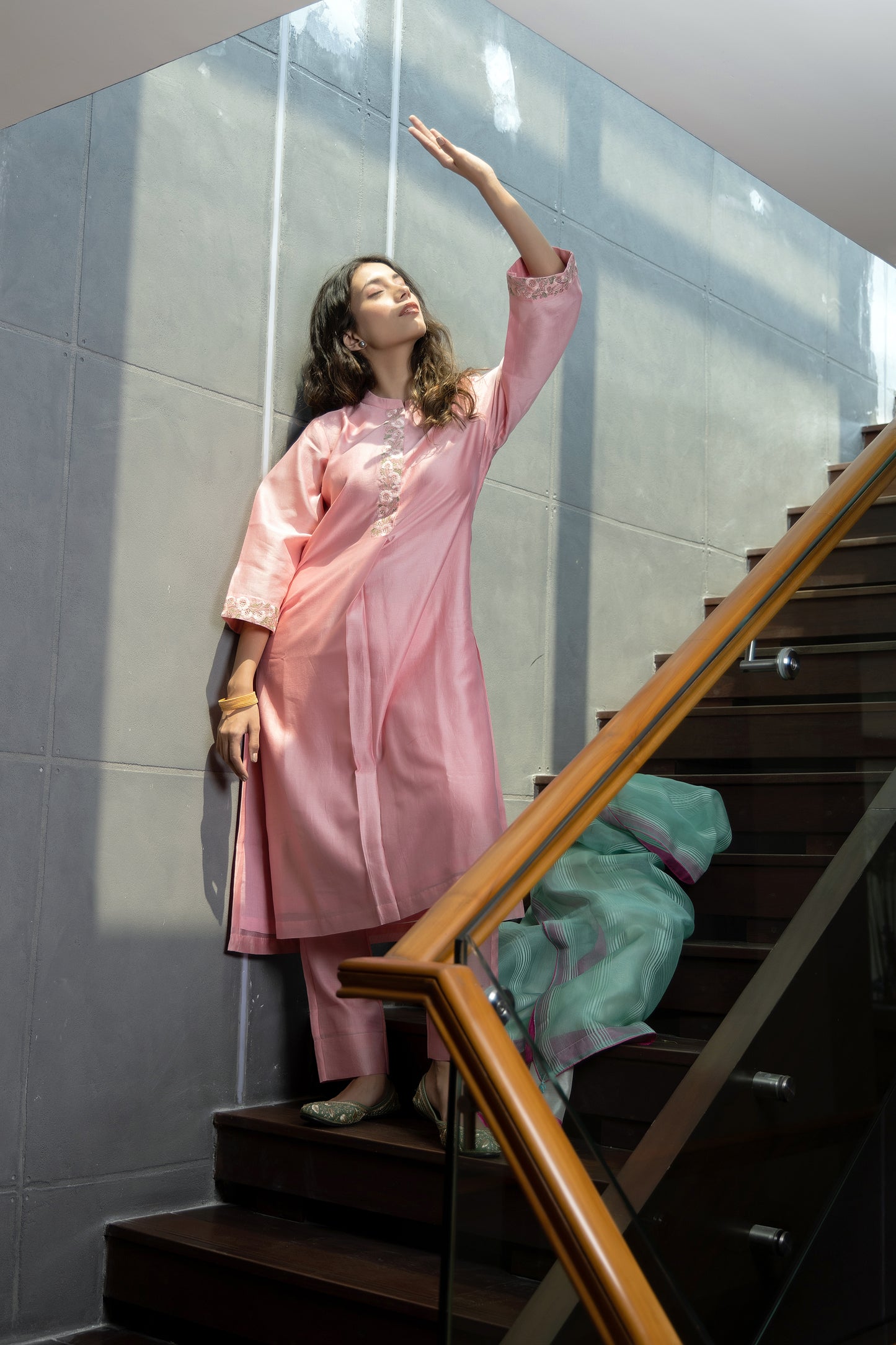 Pink chanderi collared embroidered kurta paired with Chanderi pants