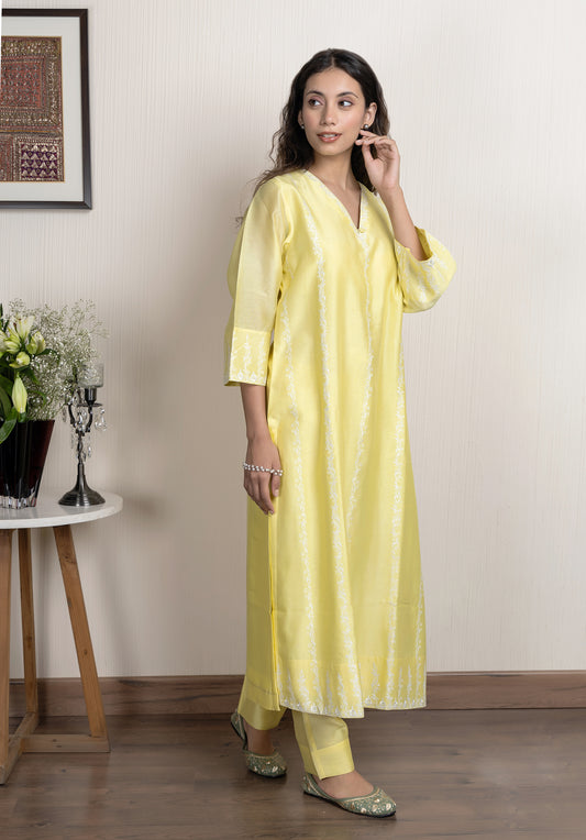 Yellow chanderi embroidered kurta paired with Chanderi pants