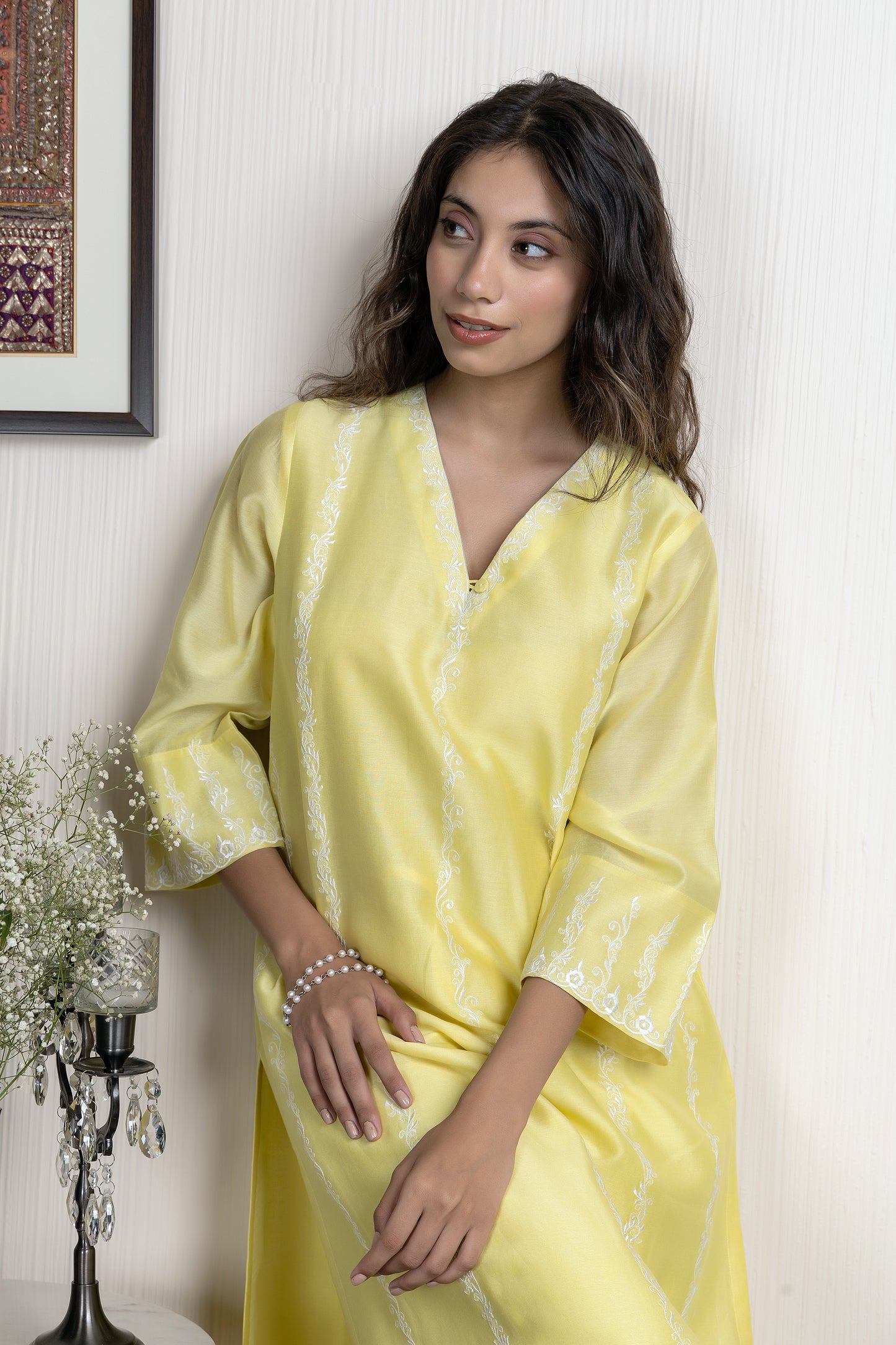 Yellow chanderi embroidered kurta paired with Chanderi pants