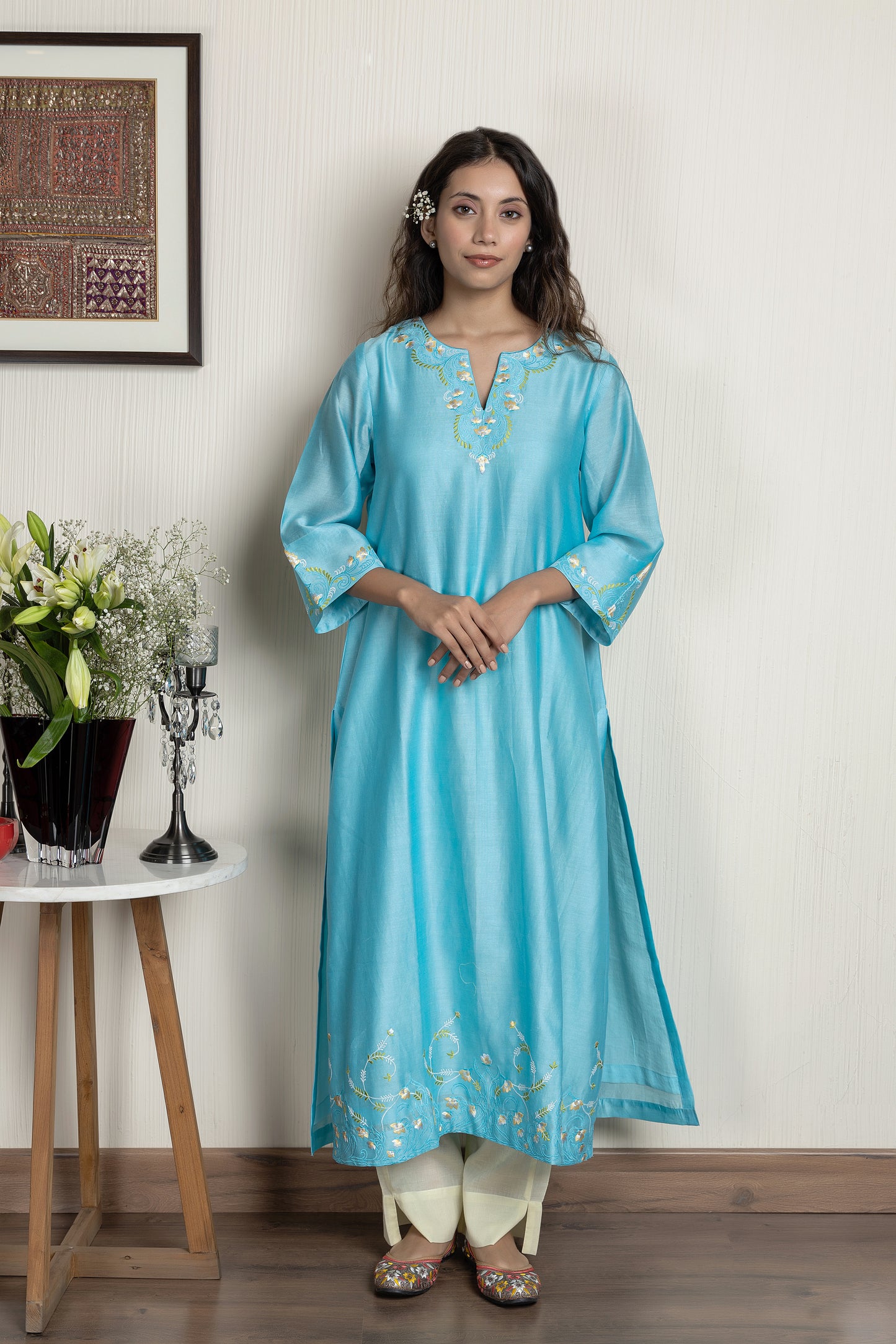 Turquoise Chanderi embroidered kurta paired with cotton pants and Chanderi dupatta