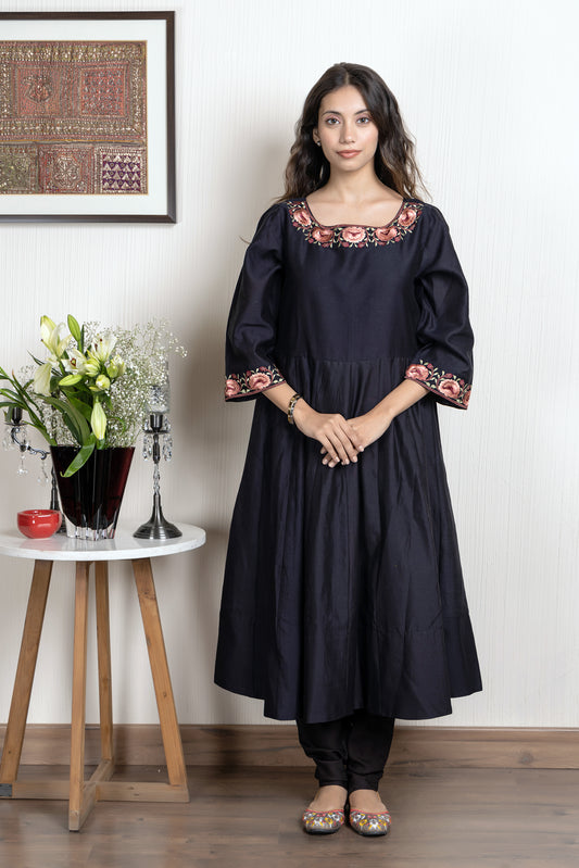 Chanderi embroidered anarkali kurta paired with Chanderi churidar