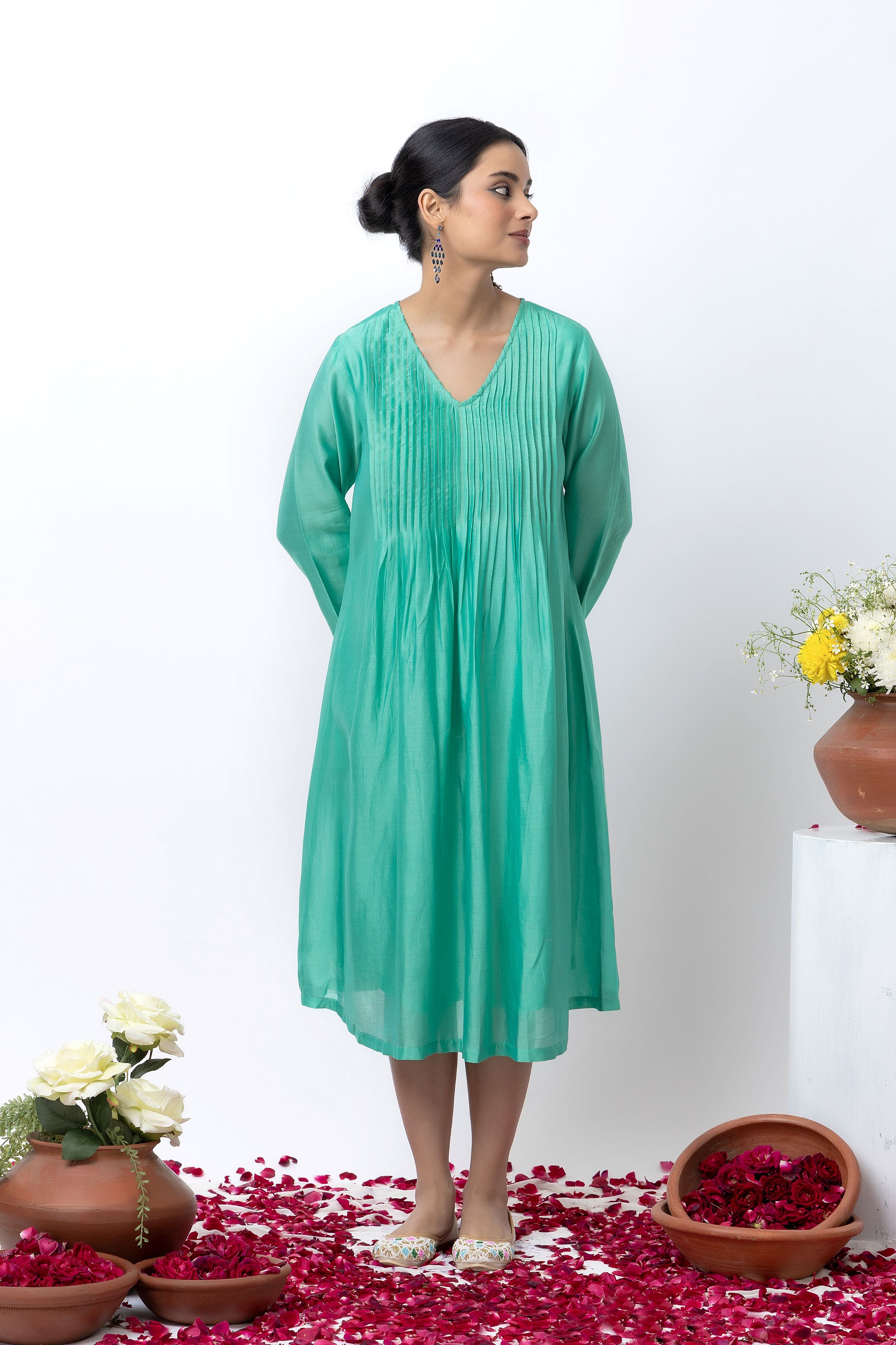 EMERALD GREEN CHANDERI DRESS