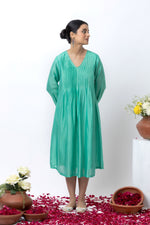 Load image into Gallery viewer, EMERALD GREEN CHANDERI DRESS
