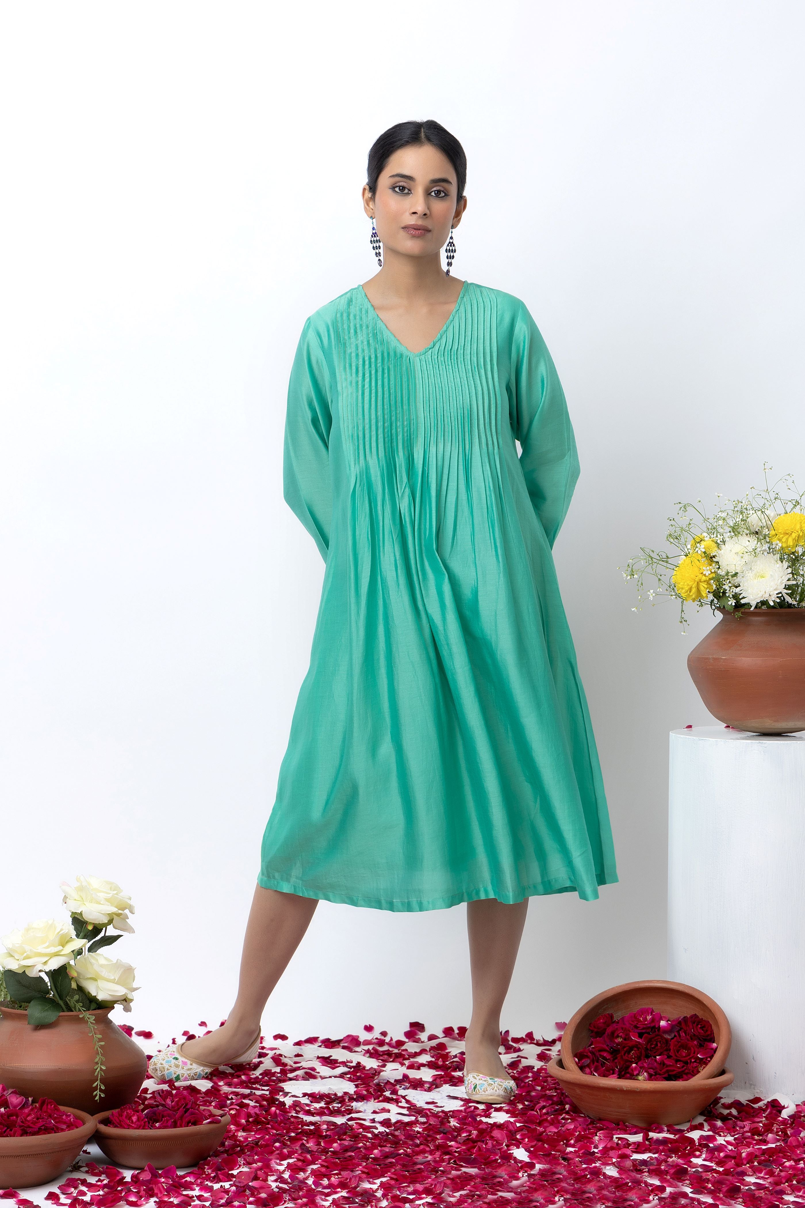 EMERALD GREEN CHANDERI DRESS