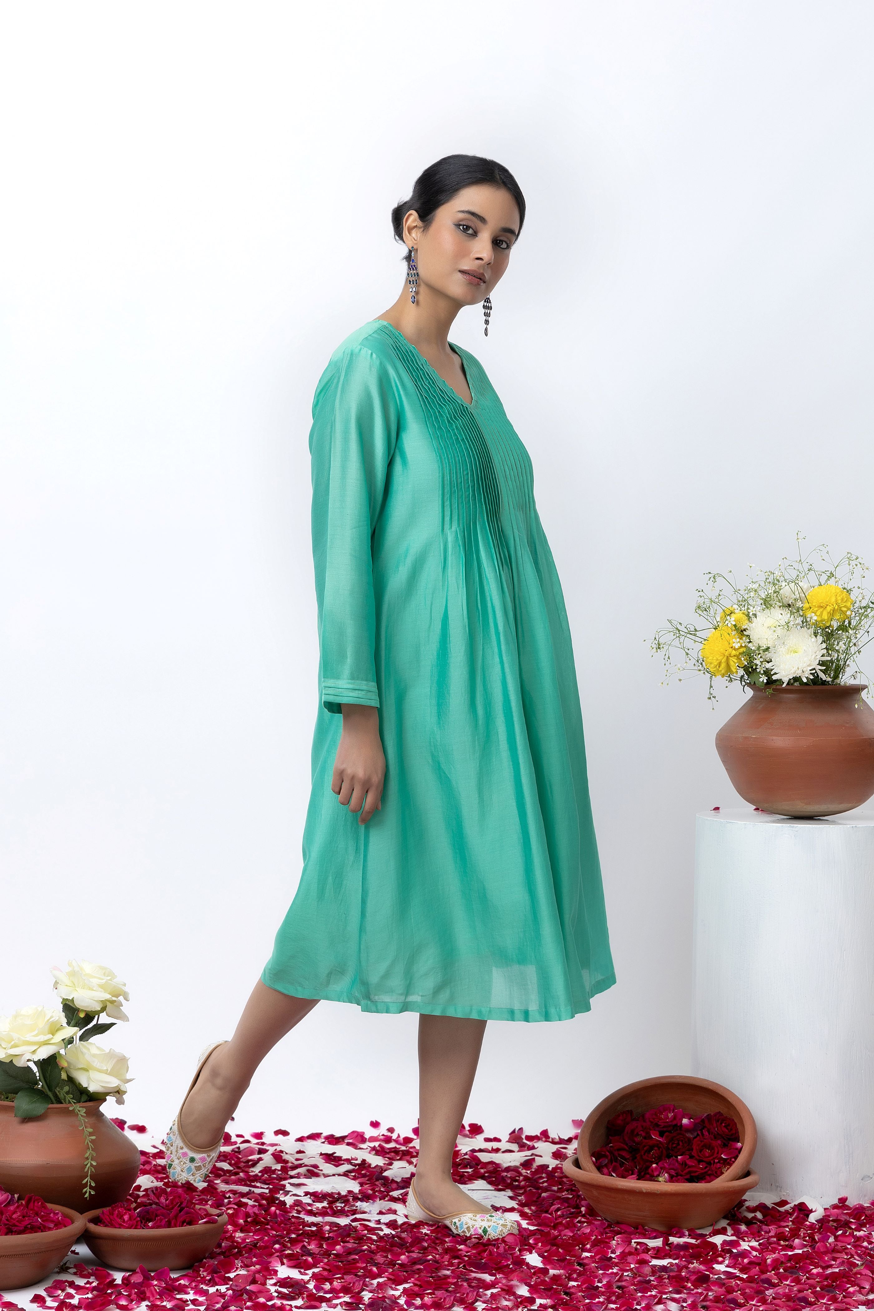 EMERALD GREEN CHANDERI DRESS