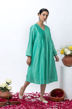 Load image into Gallery viewer, EMERALD GREEN CHANDERI DRESS
