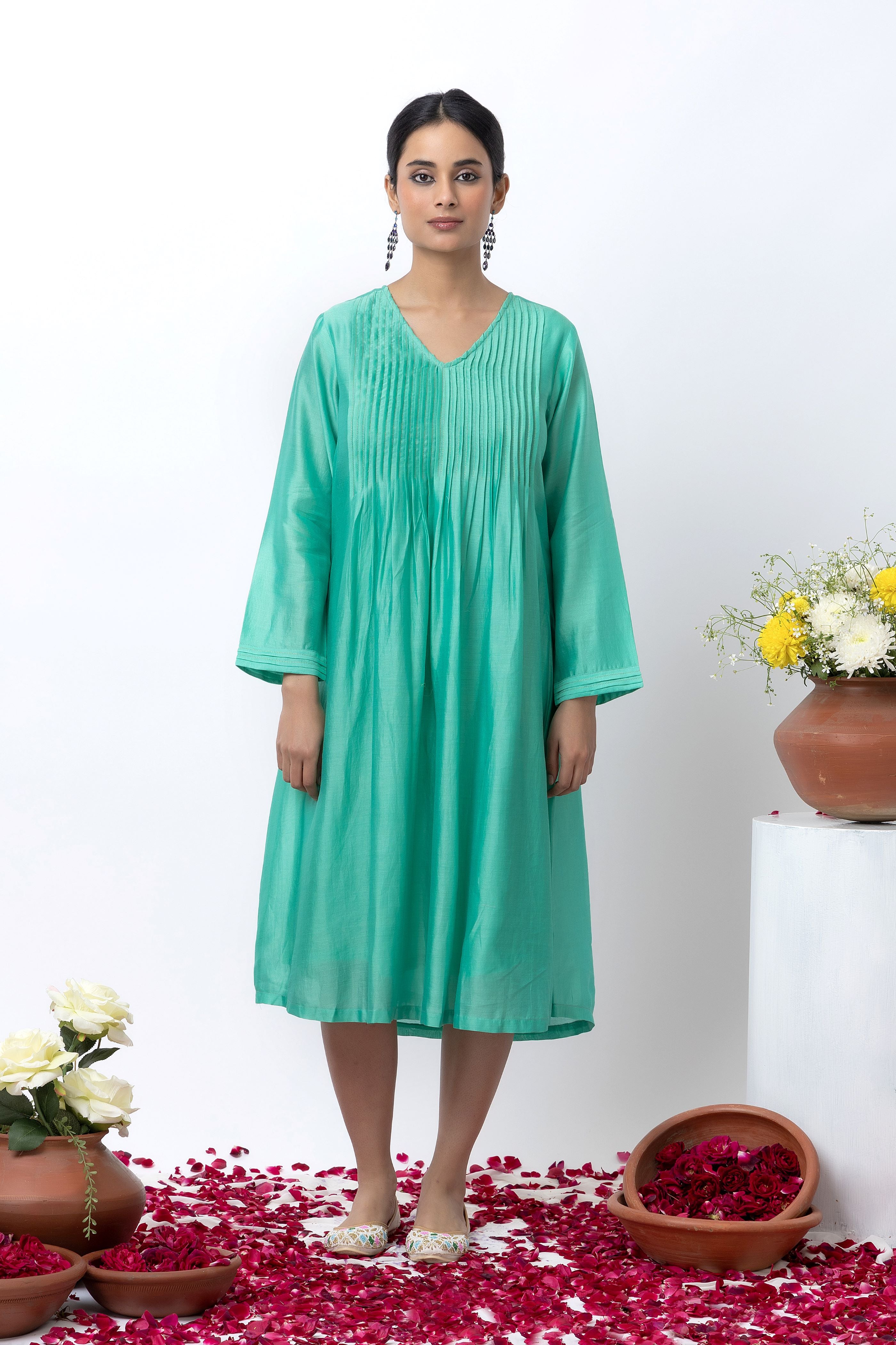 EMERALD GREEN CHANDERI DRESS