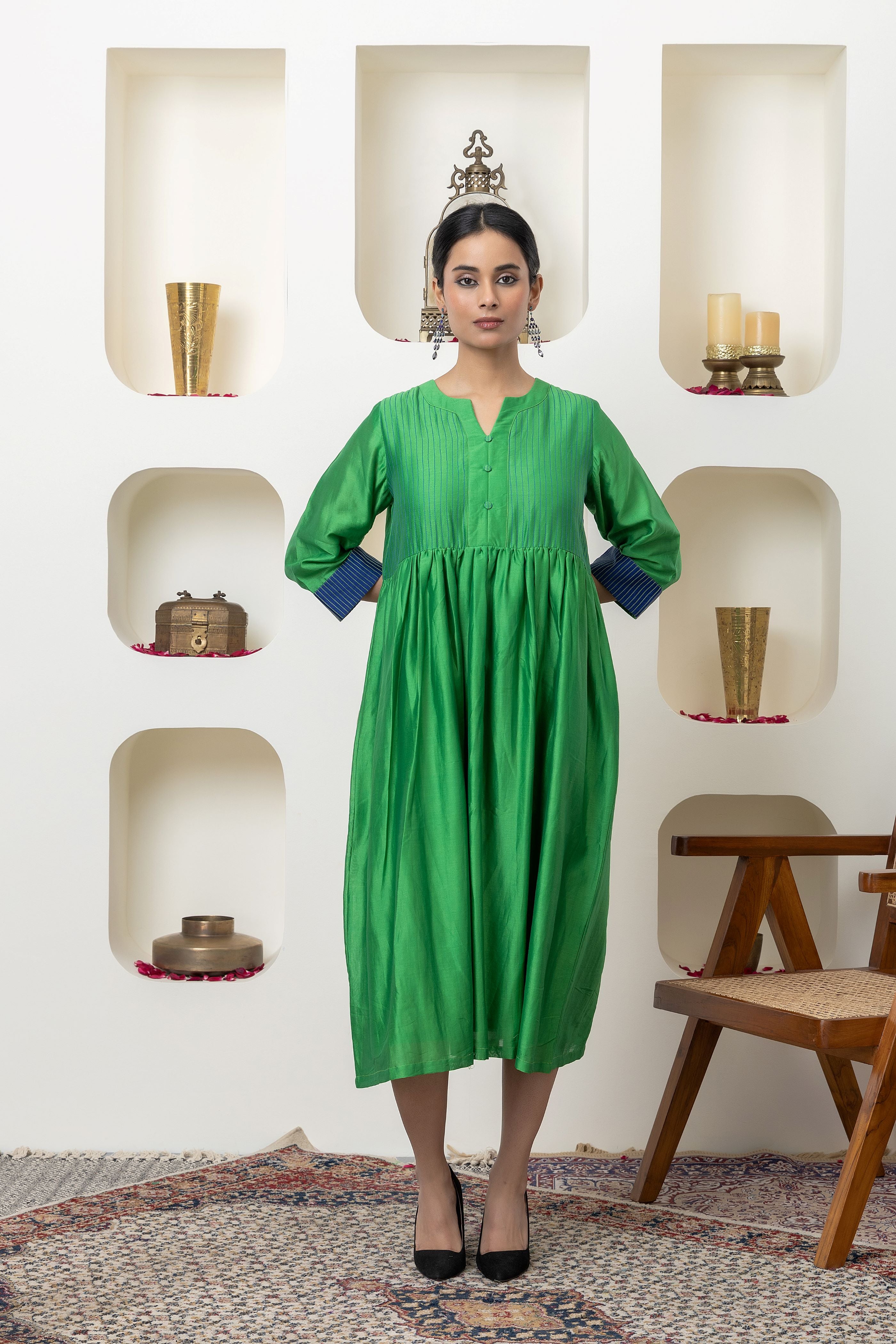 Bottle green chanderi dress