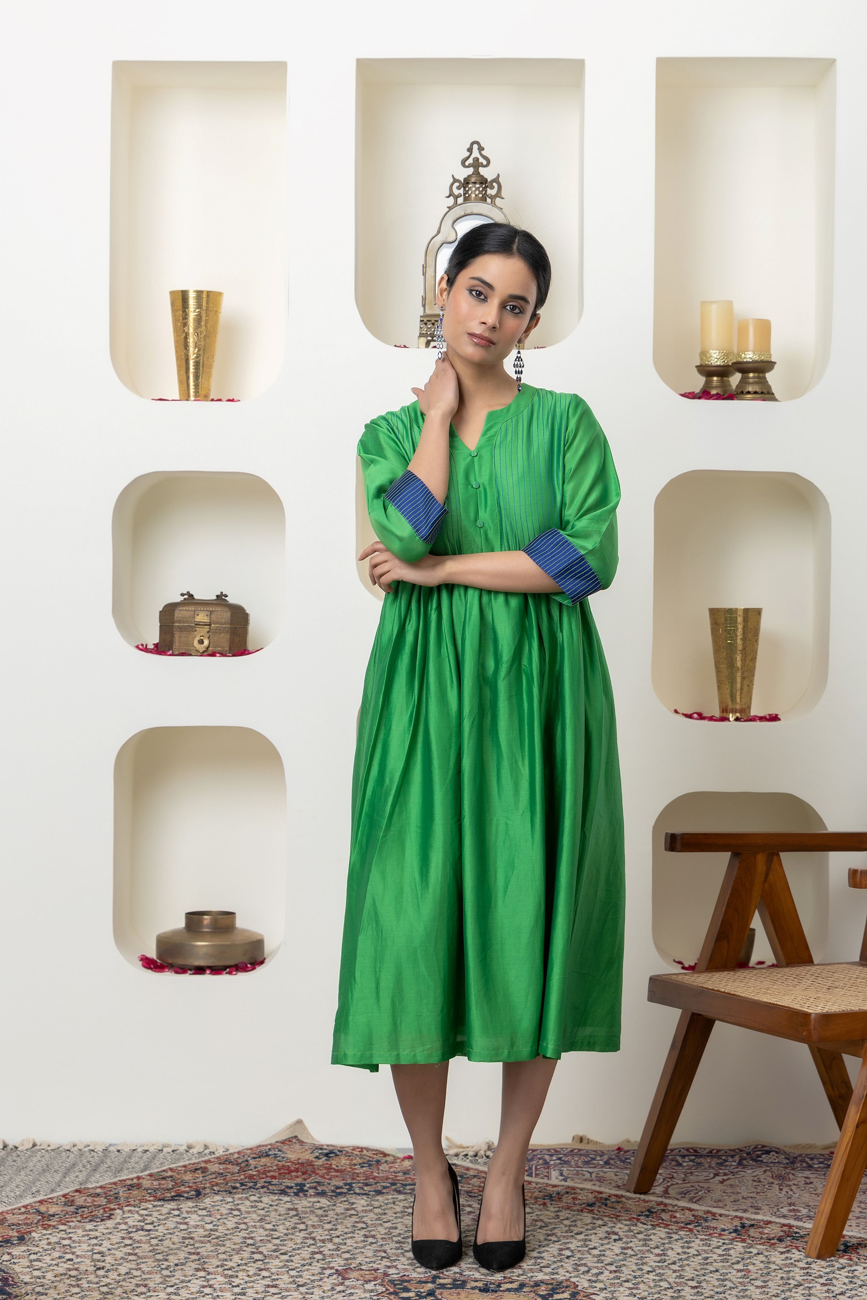 Bottle green chanderi dress