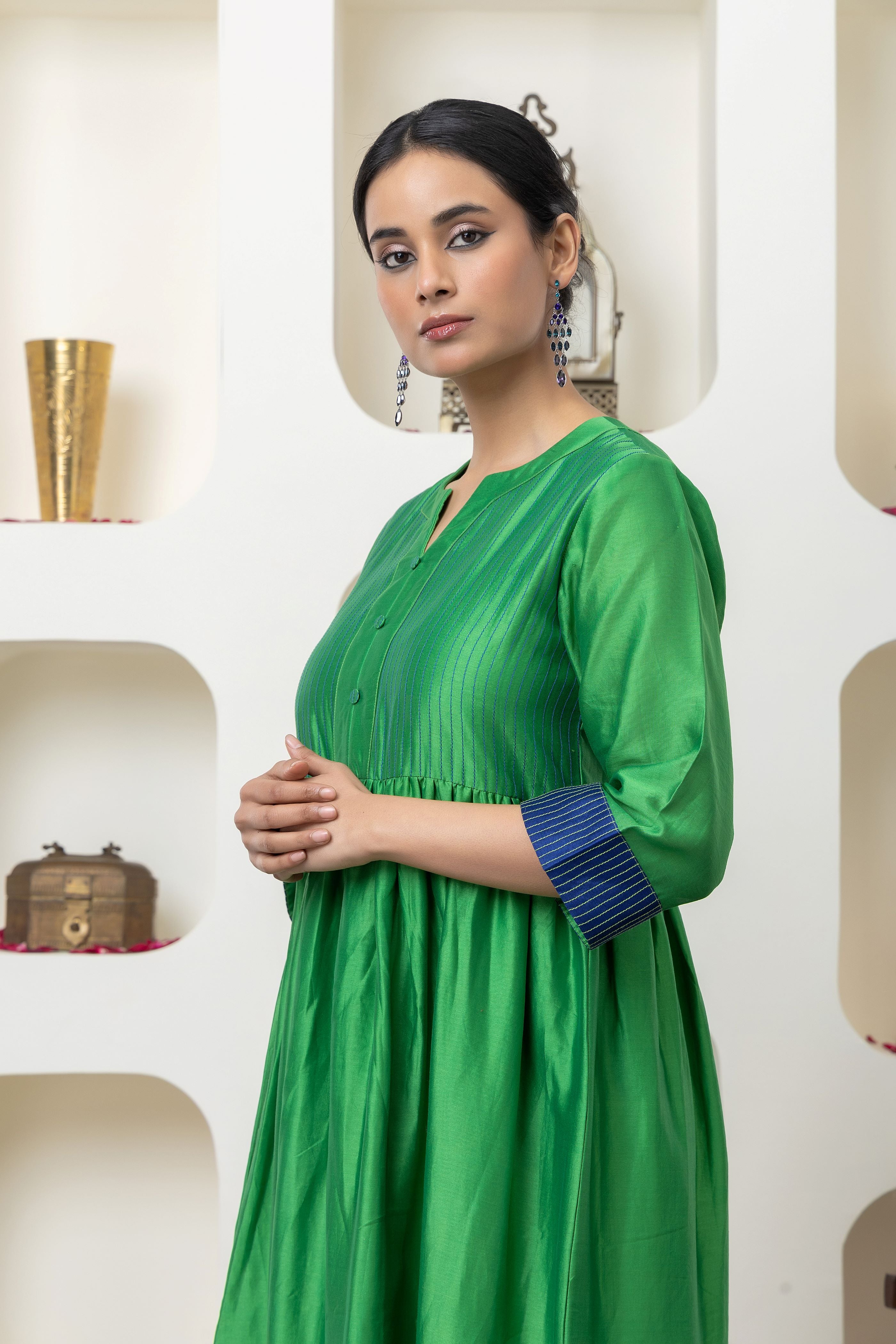 Bottle green chanderi dress