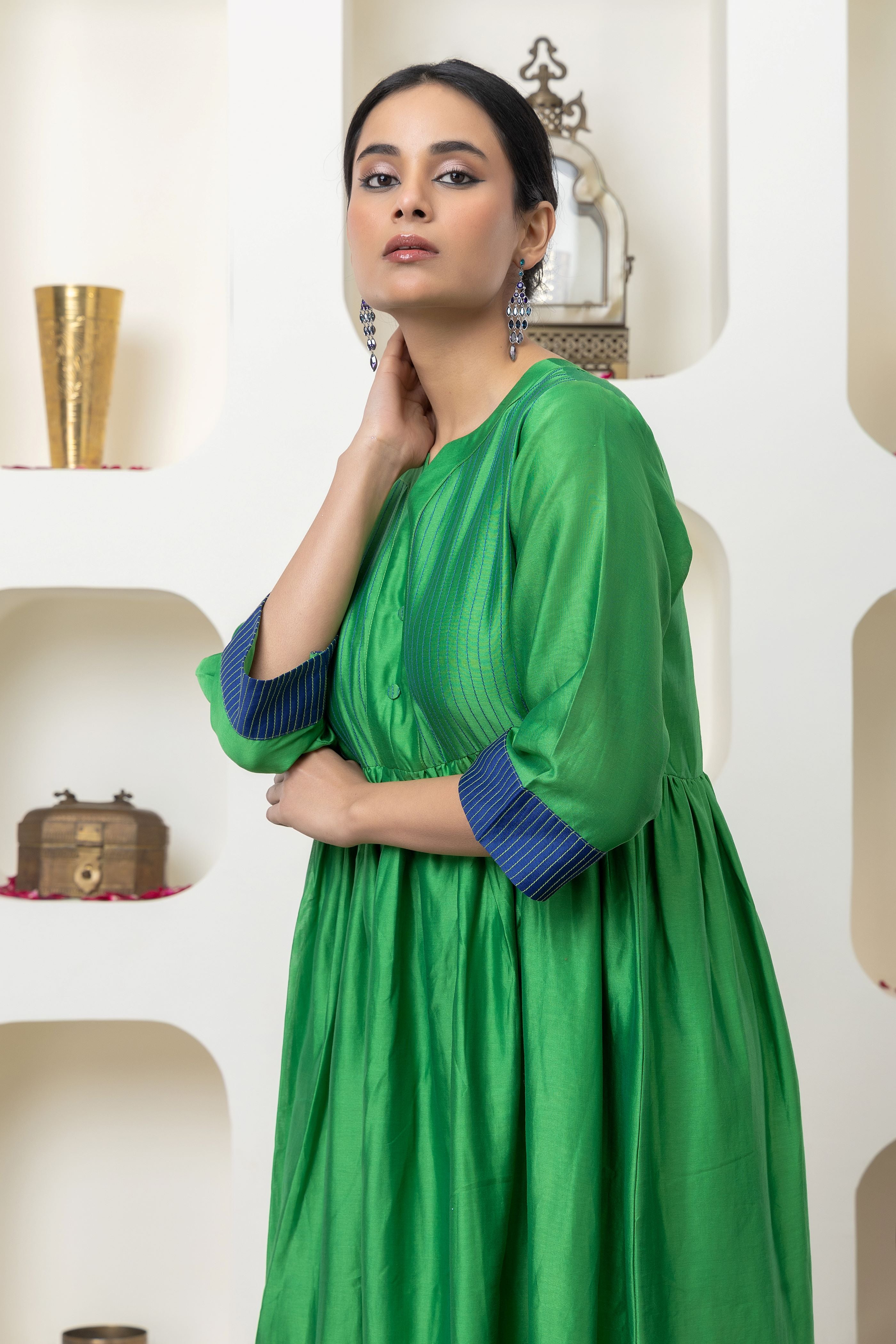 Bottle green chanderi dress