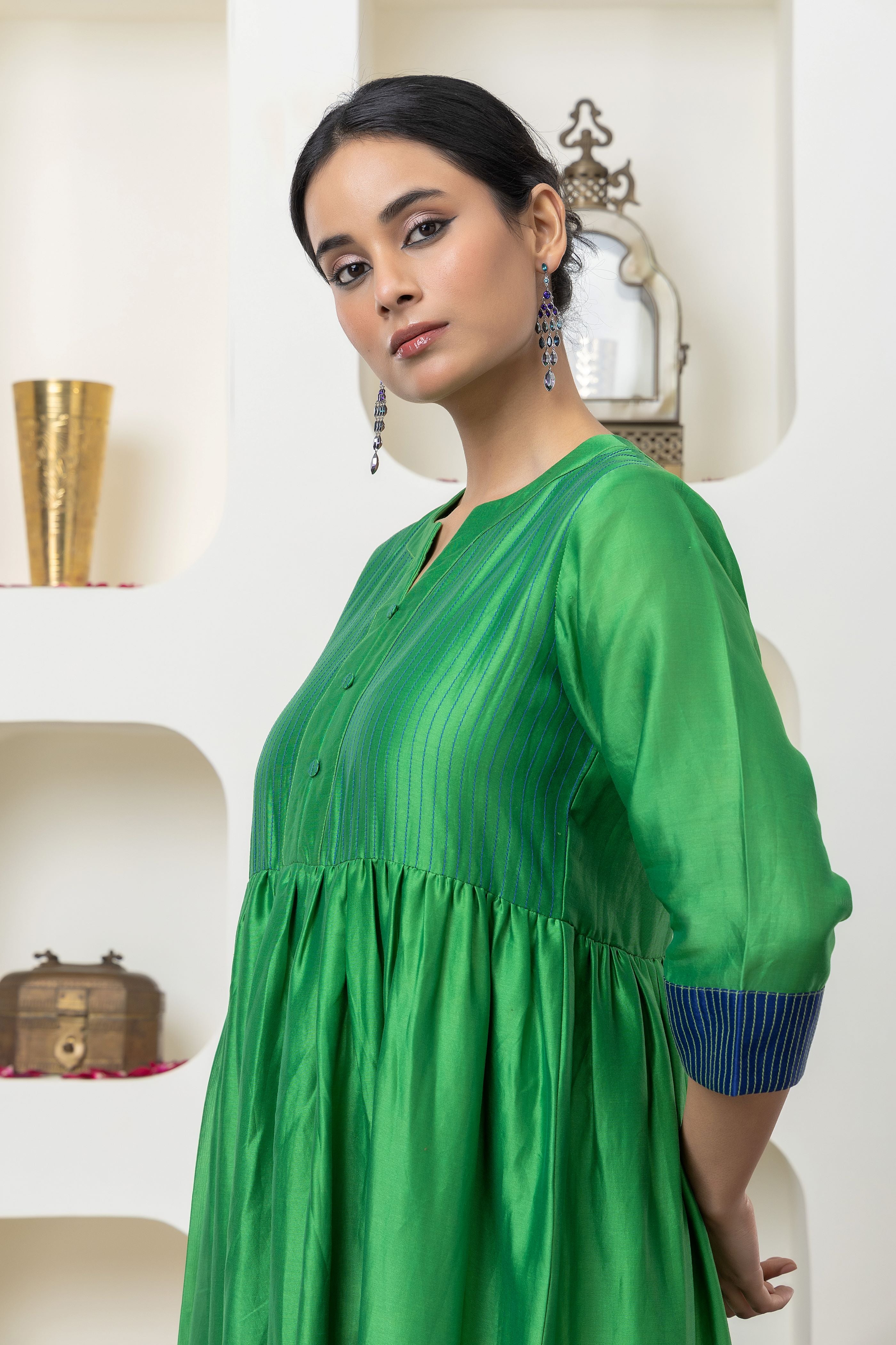 Bottle green chanderi dress