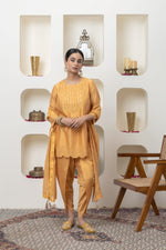 Load image into Gallery viewer, MUSTARD CHANDERI TUNIC AND DHOTI
