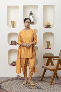 MUSTARD CHANDERI TUNIC AND DHOTI