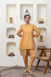 MUSTARD CHANDERI TUNIC AND DHOTI