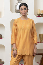 Load image into Gallery viewer, MUSTARD CHANDERI TUNIC AND DHOTI
