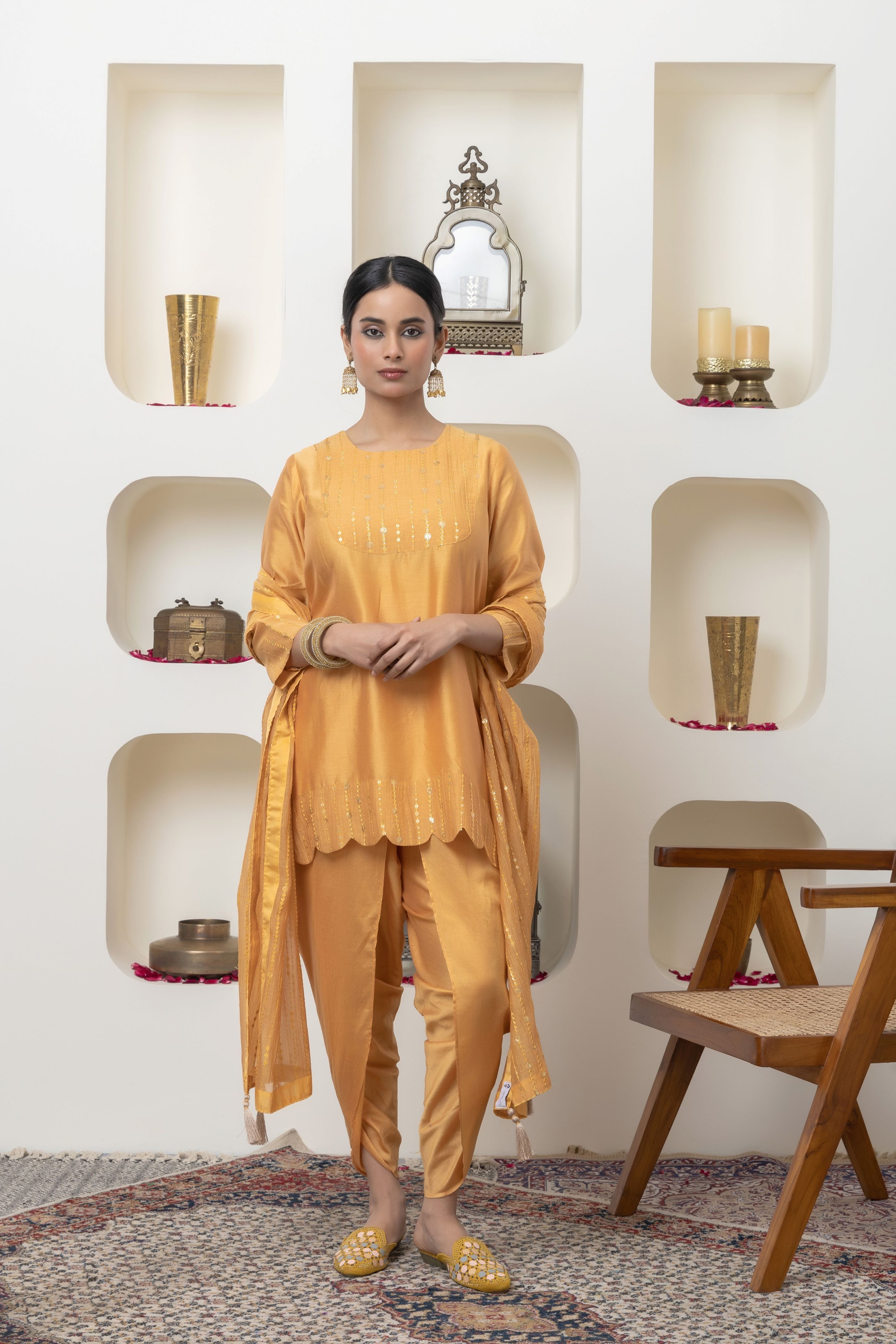 MUSTARD CHANDERI TUNIC AND DHOTI