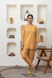 MUSTARD CHANDERI TUNIC AND DHOTI