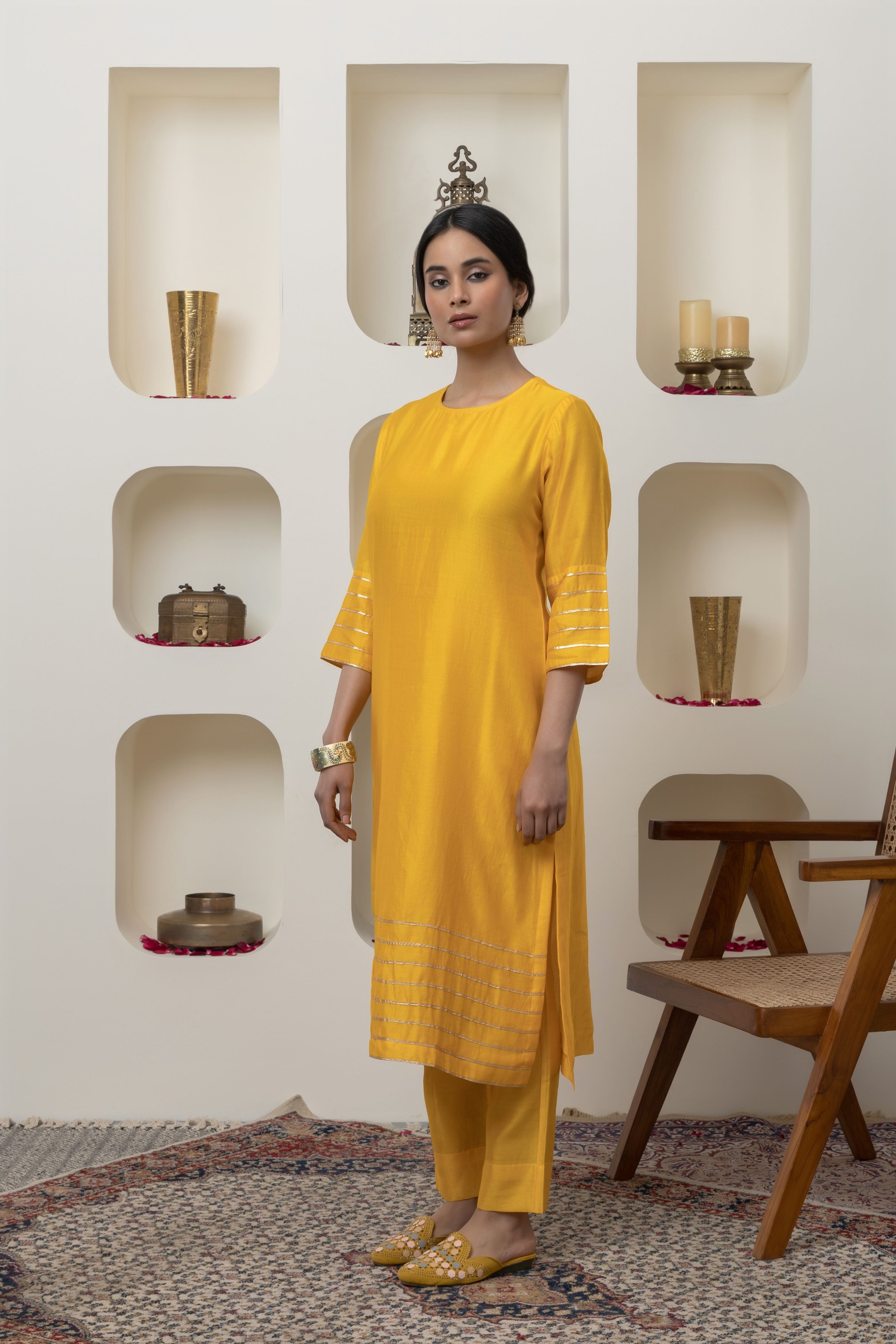 YELLOW CHANDERI GOTA WORK KURTA SET