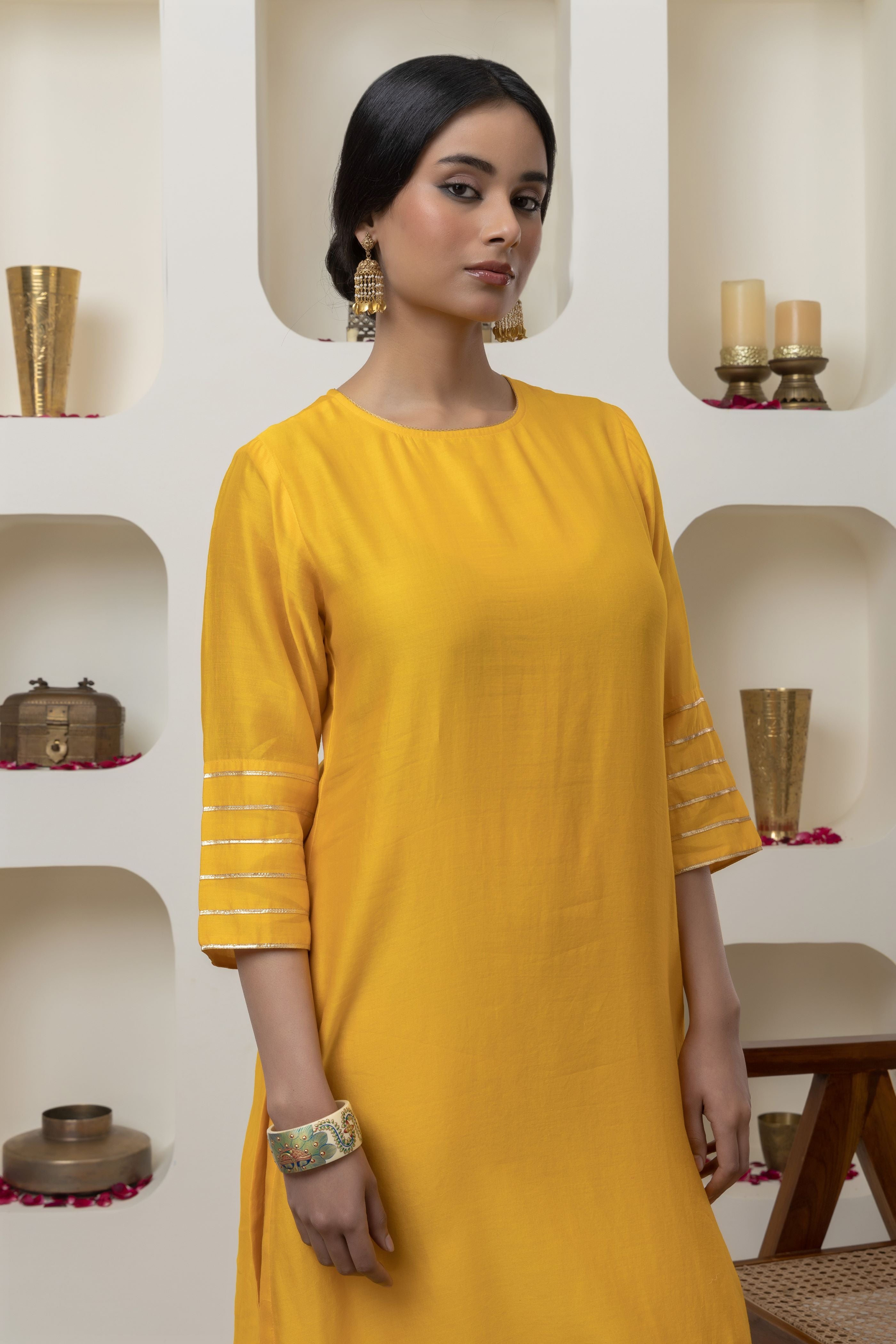 YELLOW CHANDERI GOTA WORK KURTA SET