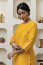 Load image into Gallery viewer, YELLOW CHANDERI GOTA WORK KURTA SET
