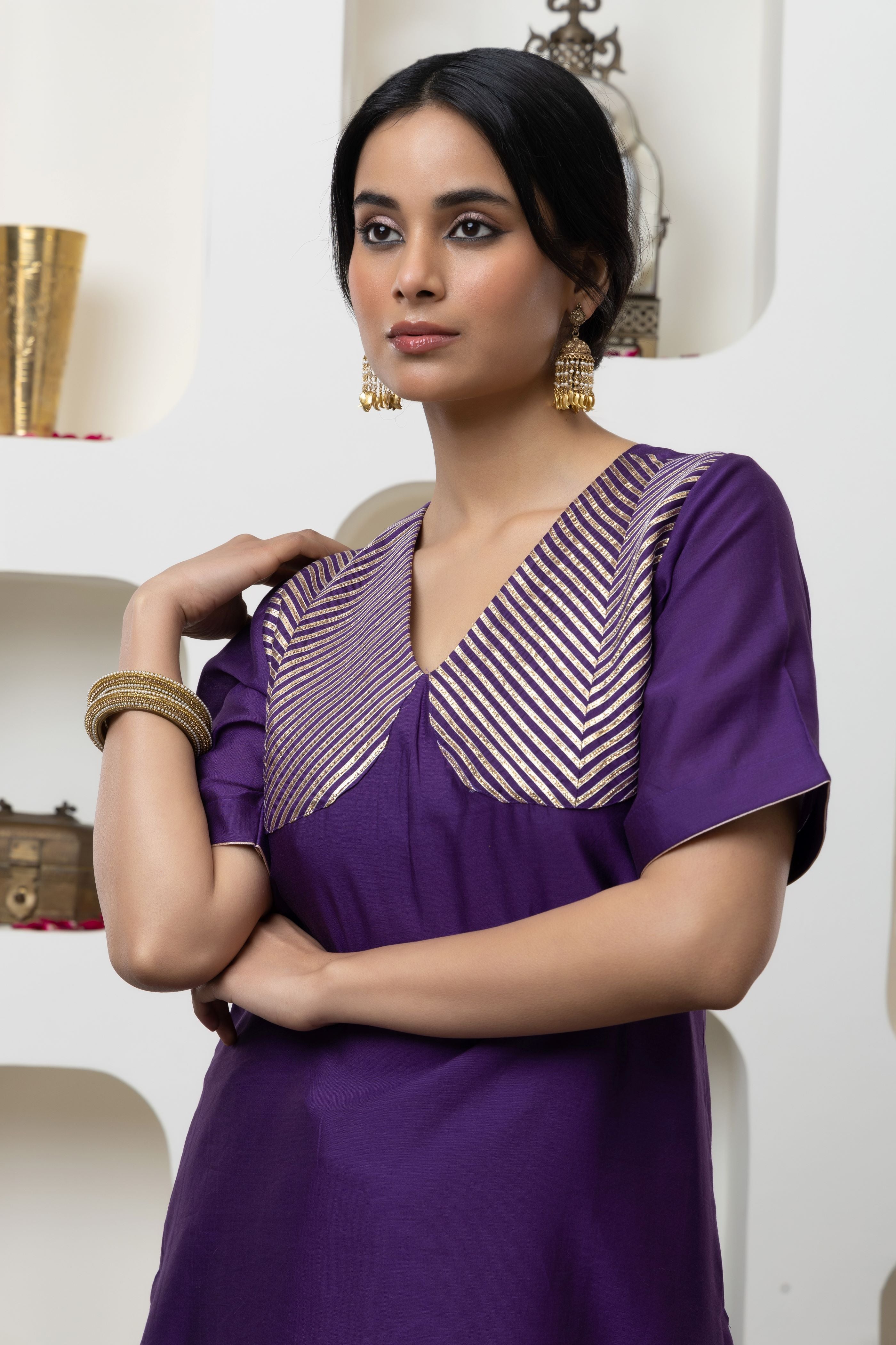 PURPLE CHANDERI GOTA WORK KURTA SET