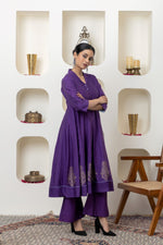 Load image into Gallery viewer, Purple hand block printed anarkali set
