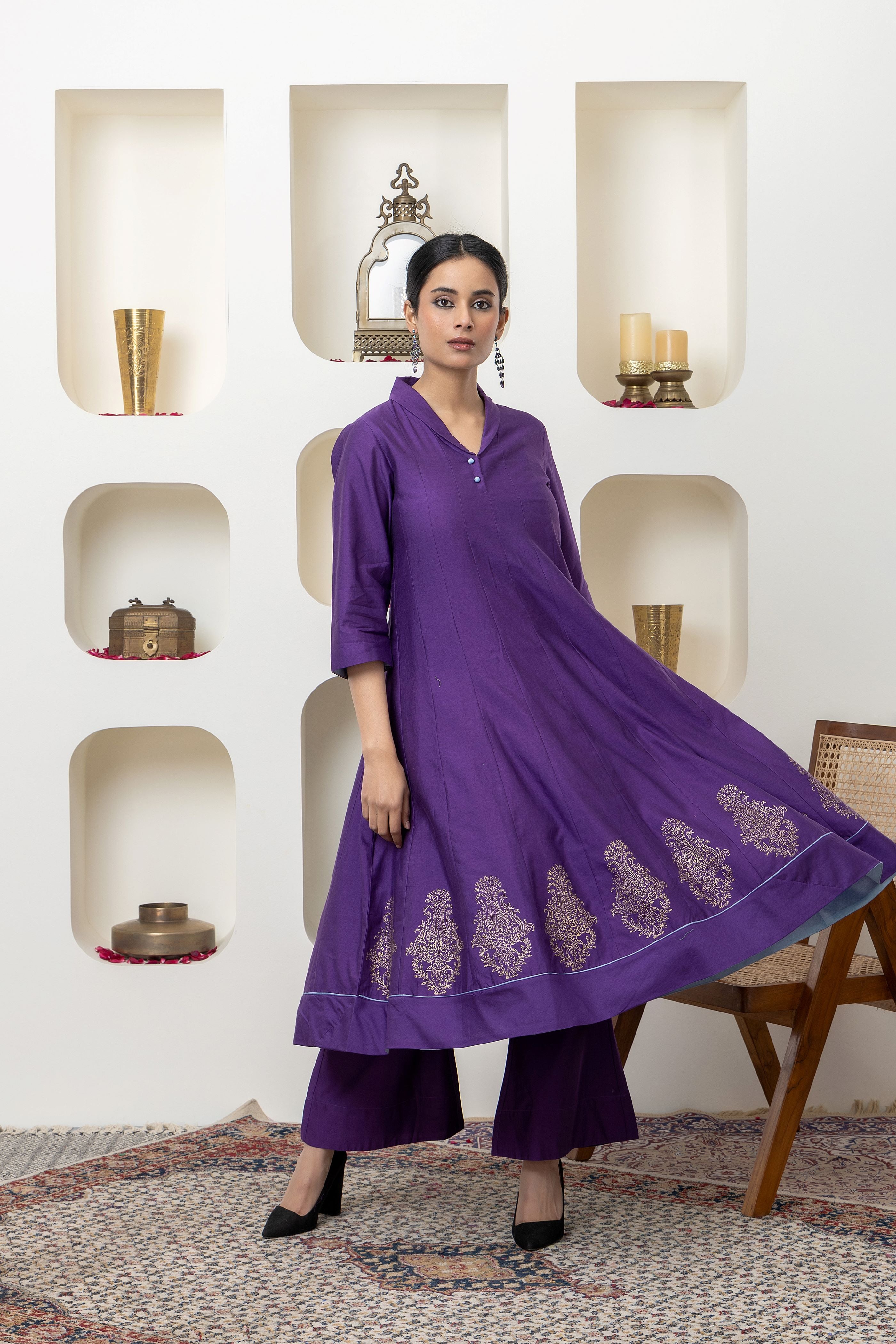 Purple hand block printed anarkali set