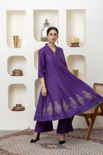 Load image into Gallery viewer, Purple hand block printed anarkali set
